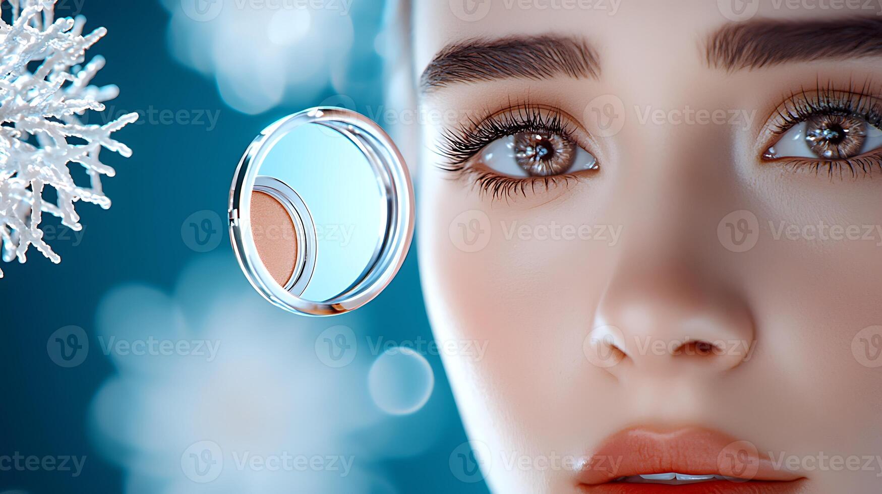 Close-up of a woman's face with sparkling eyes, surrounded by snowflakes and a makeup mirror photo