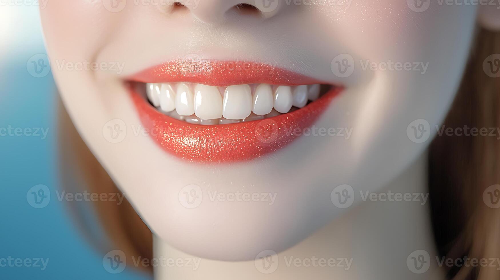Close-up of a woman's smiling face showcasing bright red lips and perfect white teeth against a soft blue background photo