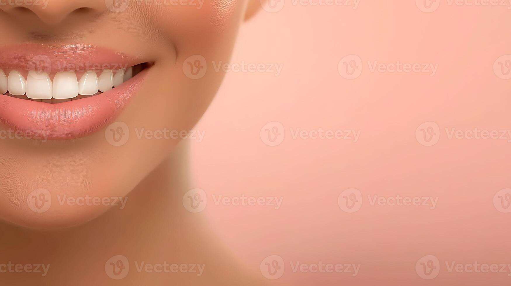 Close-up of a woman's smiling face showcasing perfect teeth against a soft pink background photo