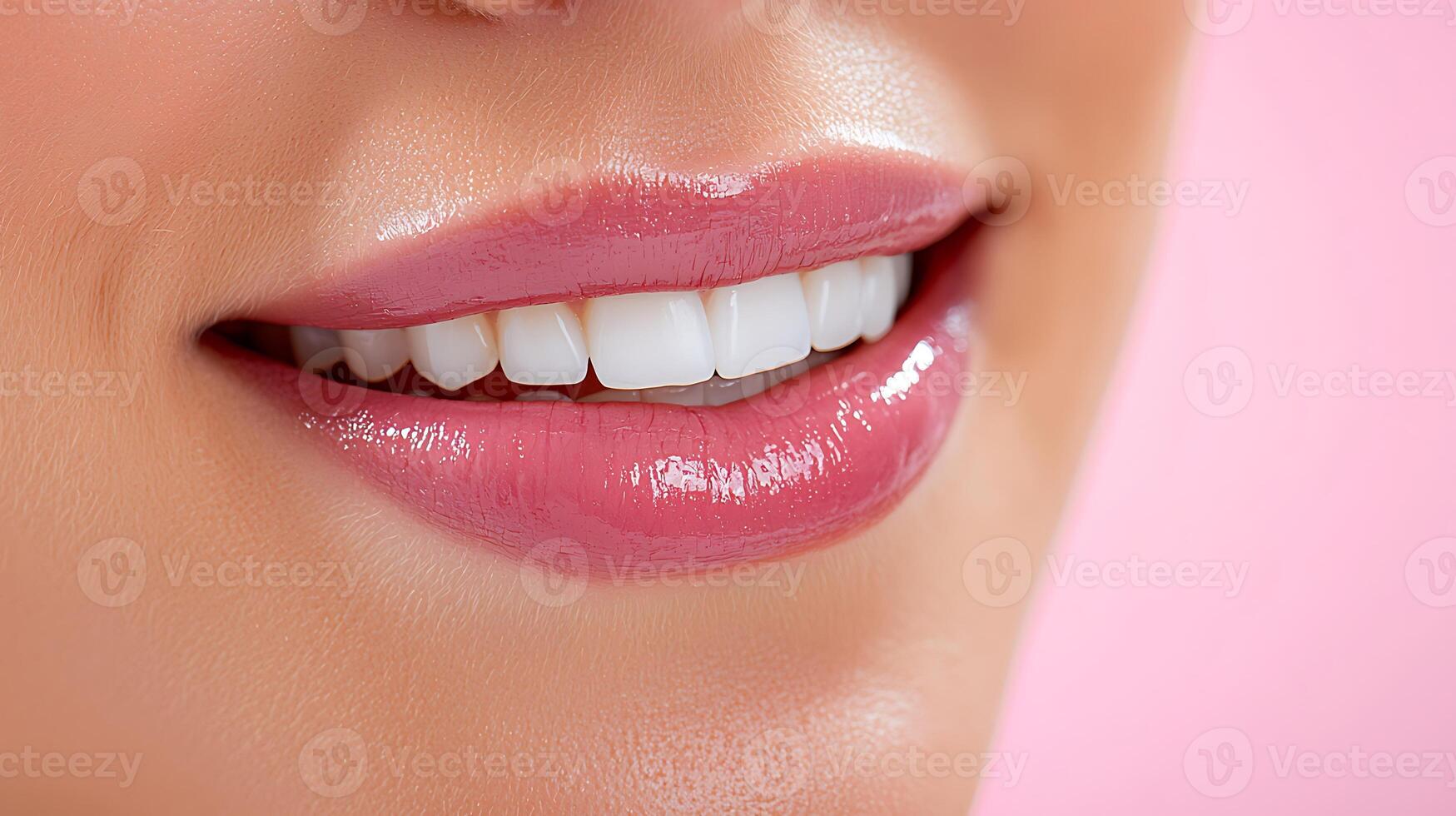Close-up of a woman's smile with glossy lips against a soft pink background, conveying beauty and confidence photo