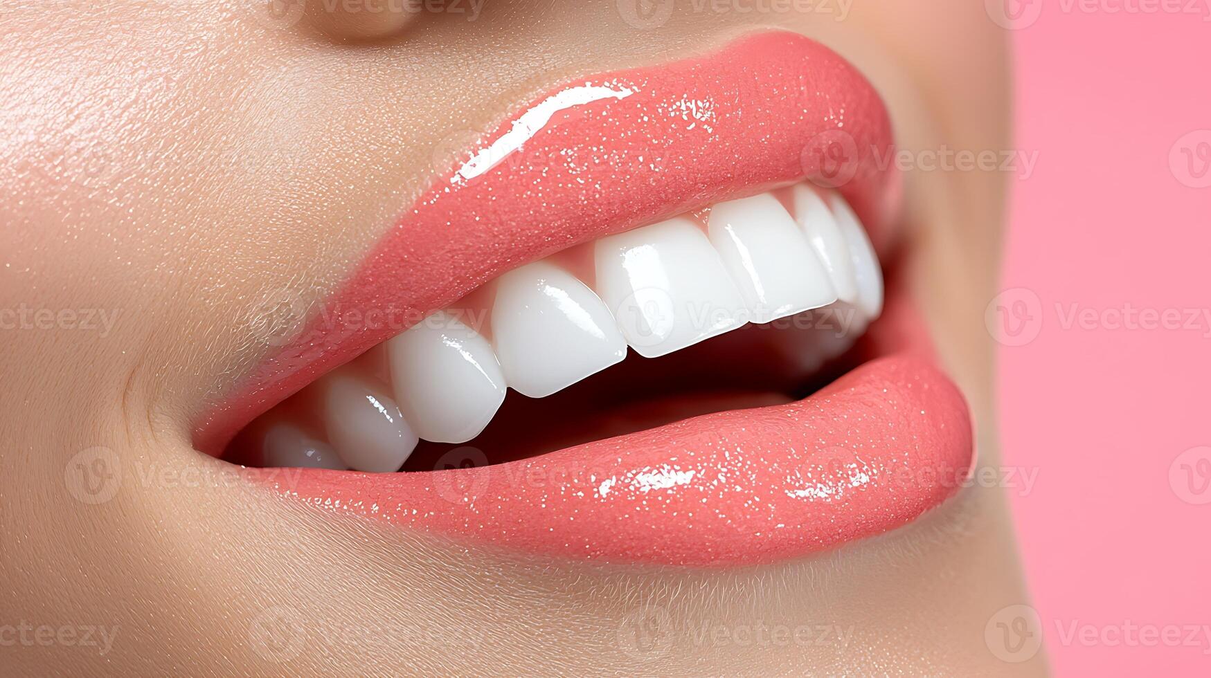 Close-up of a woman's glossy lips and bright smile against a soft pink background, showcasing beauty photo
