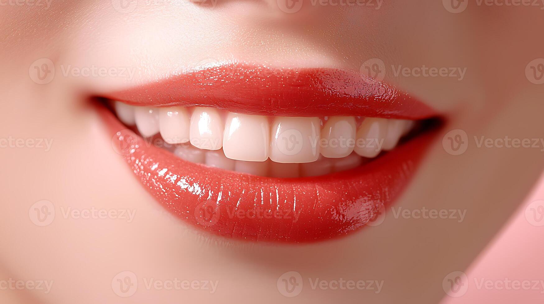 Closeup of a woman's smiling lips showcasing glossy red lipstick against a soft pink background photo