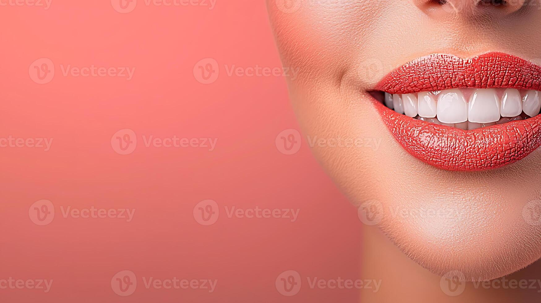 Close-up of a woman's smiling lips showcasing glossy red lipstick against a soft pink background photo
