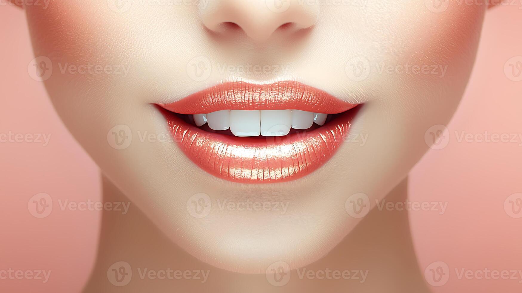 Close-up of a woman's smiling lips with glossy lipstick against a soft pink background photo