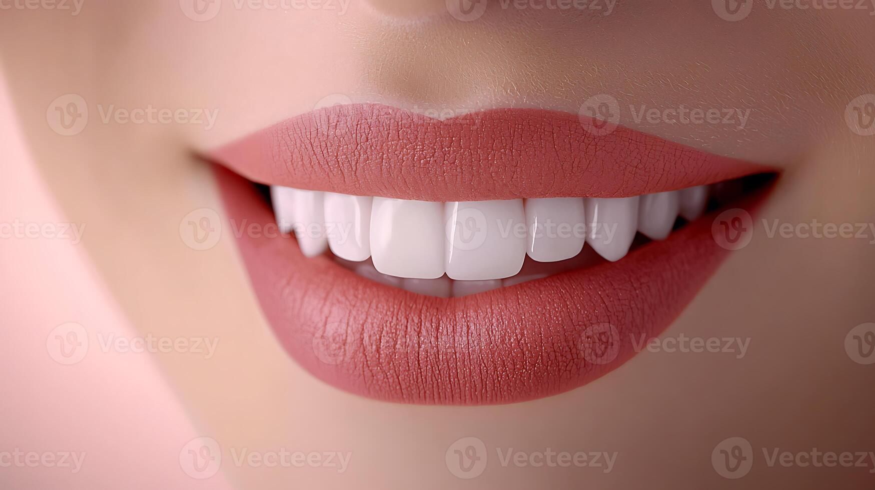 Close-up of a woman's smiling mouth showcasing perfect white teeth against a soft pink background photo