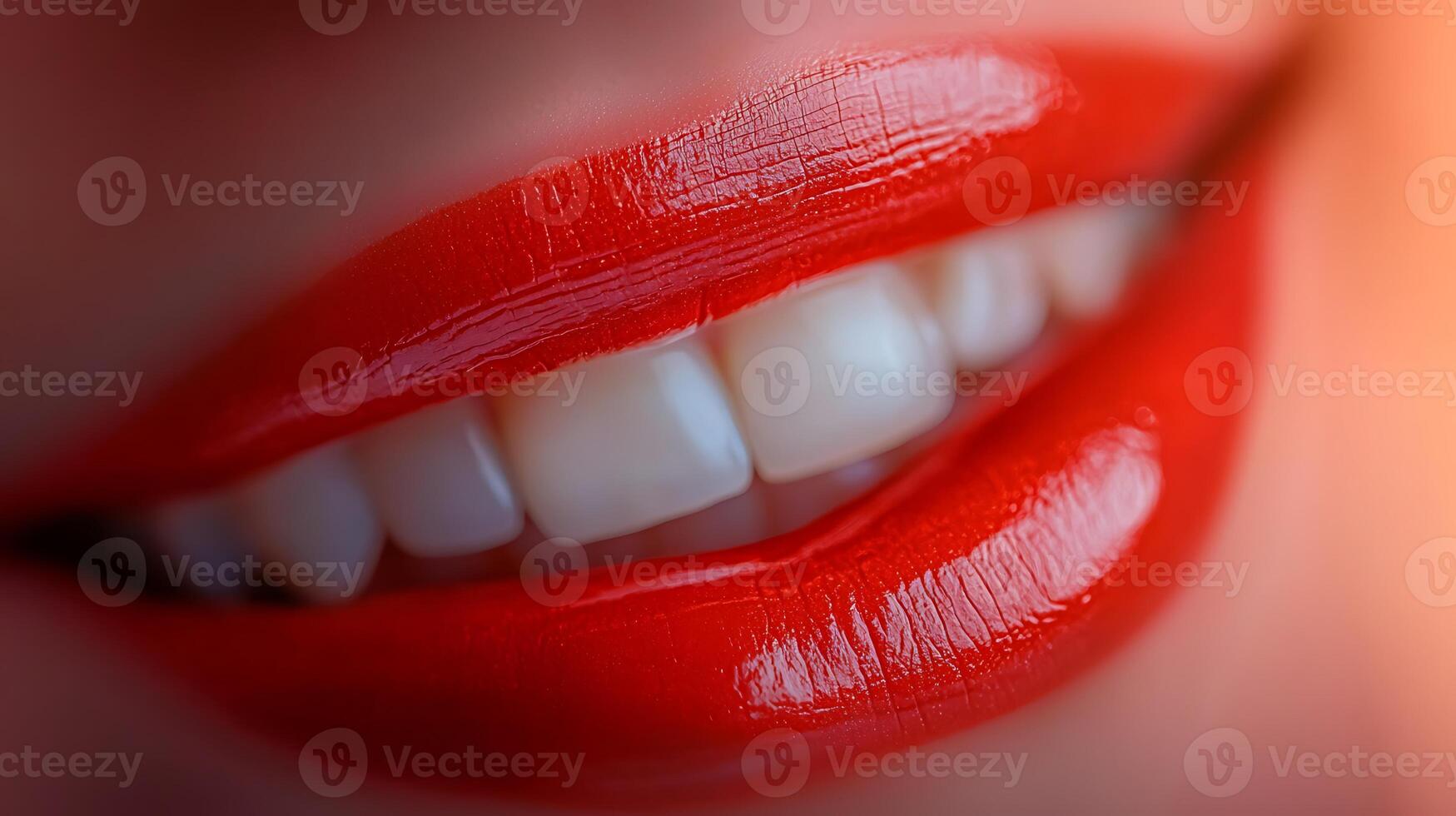 Close-up of a woman's vibrant red lips showcasing a perfect smile against a soft background photo