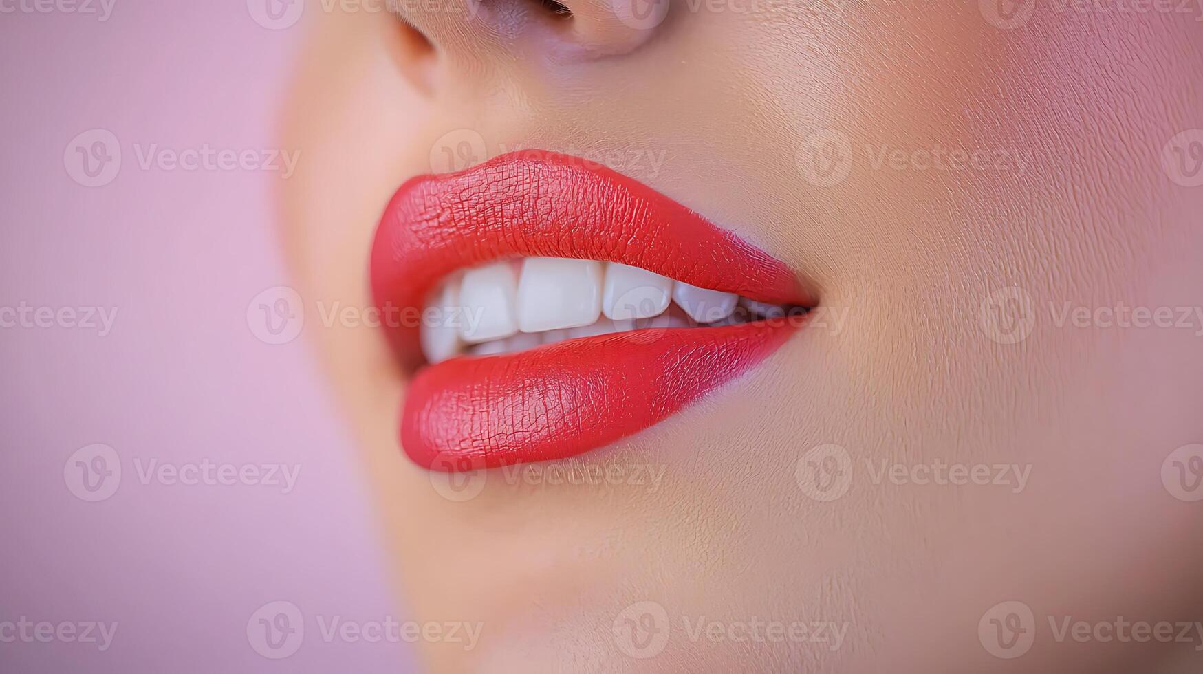 Close-up of a woman's vibrant lips with glossy red lipstick against a soft pink background photo