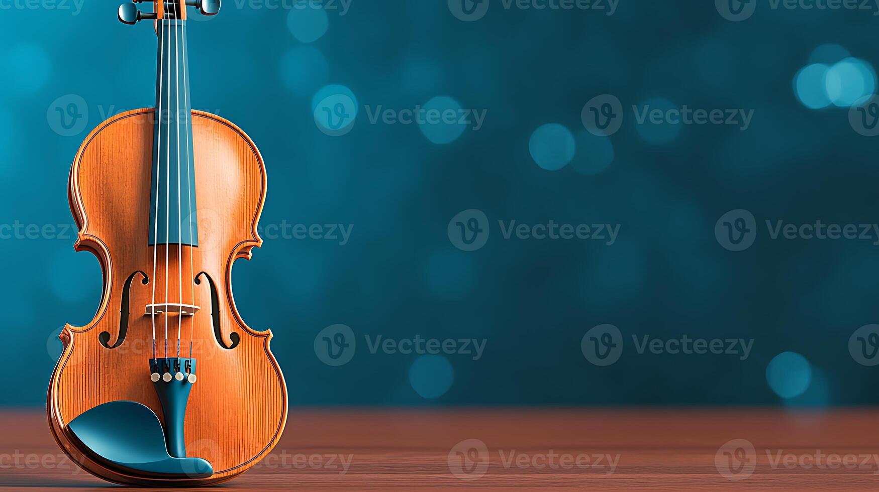 Close-up of a wooden violin on a wooden surface with a blurred blue bokeh background photo