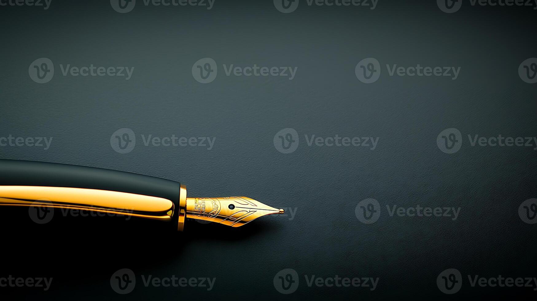 Close-up of an elegant fountain pen resting on a smooth, dark surface, ideal for writing and artistry photo