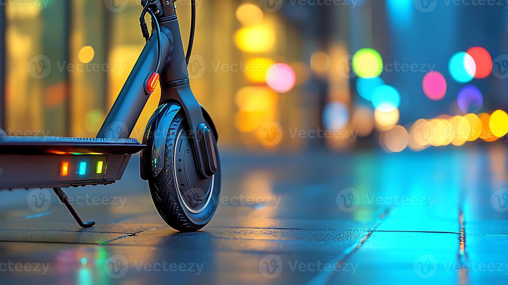 Close-up of an electric scooter parked on a city street at night with colorful bokeh lights photo