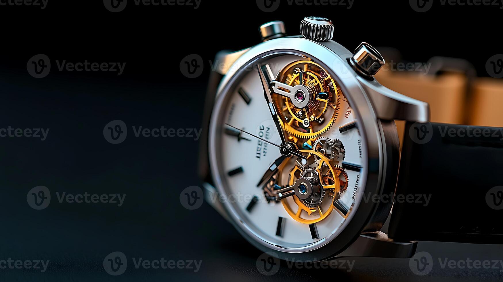 Close-up of an intricate mechanical watch showcasing its inner workings and design details photo