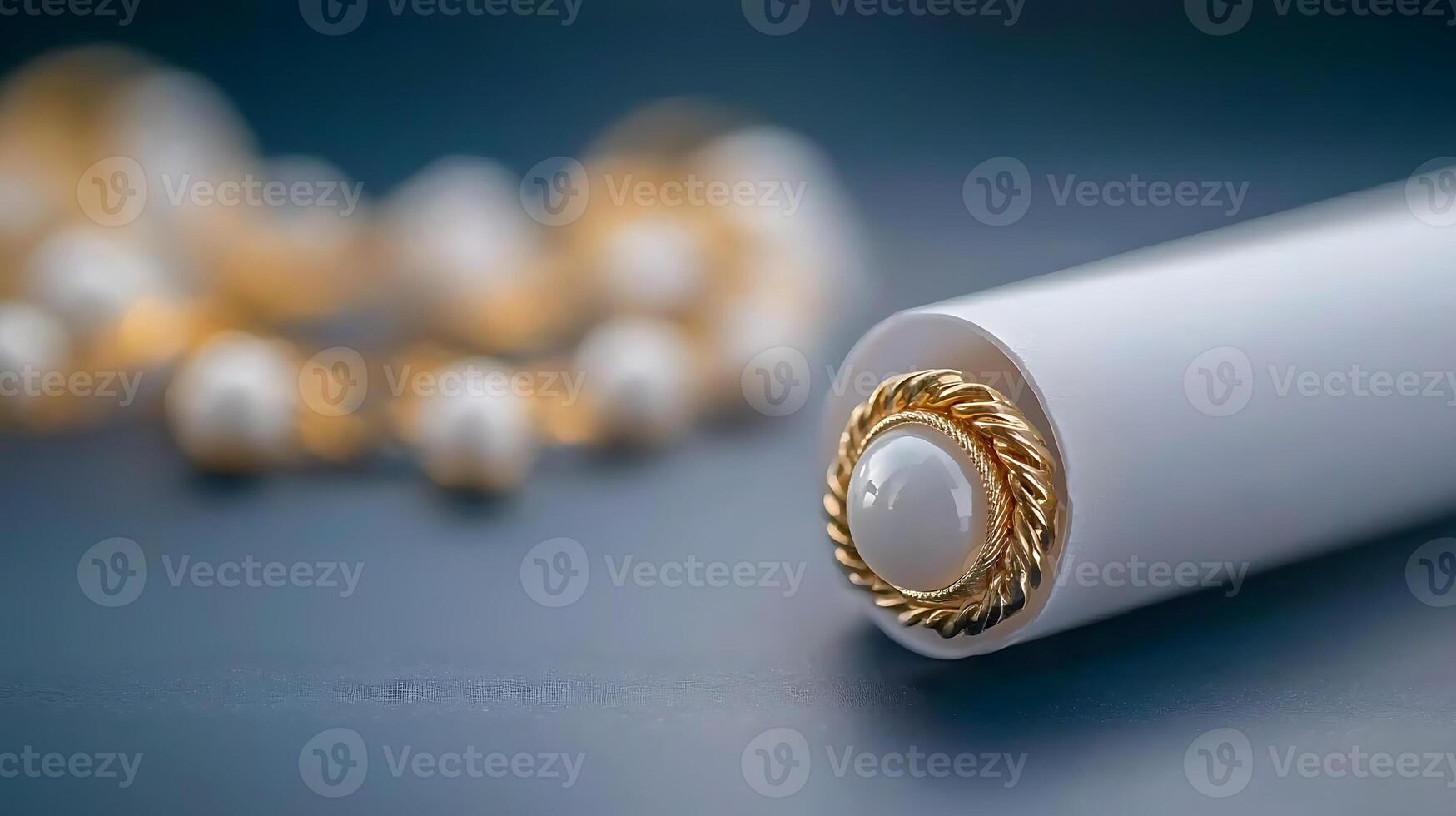 Close-up of an elegant white scroll with a golden embellishment beside a pearl necklace on a soft background photo