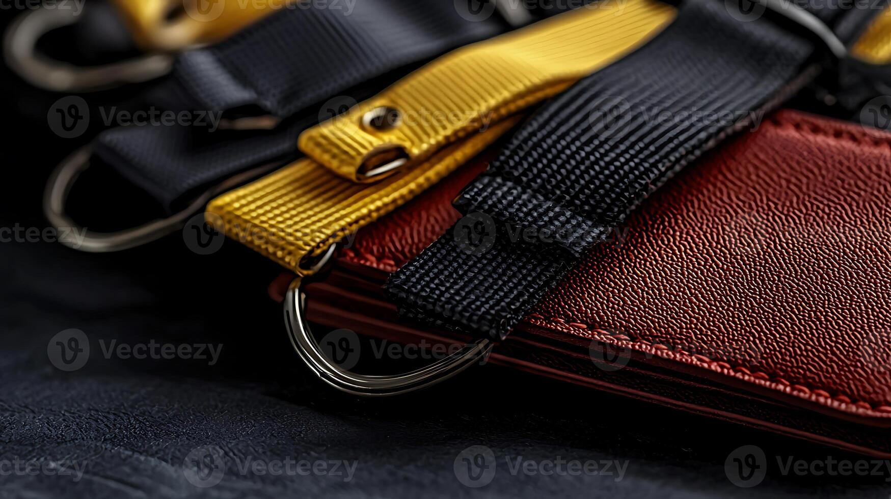 Close-up of colorful straps on a leather wallet, showcasing details and textures against a dark background photo