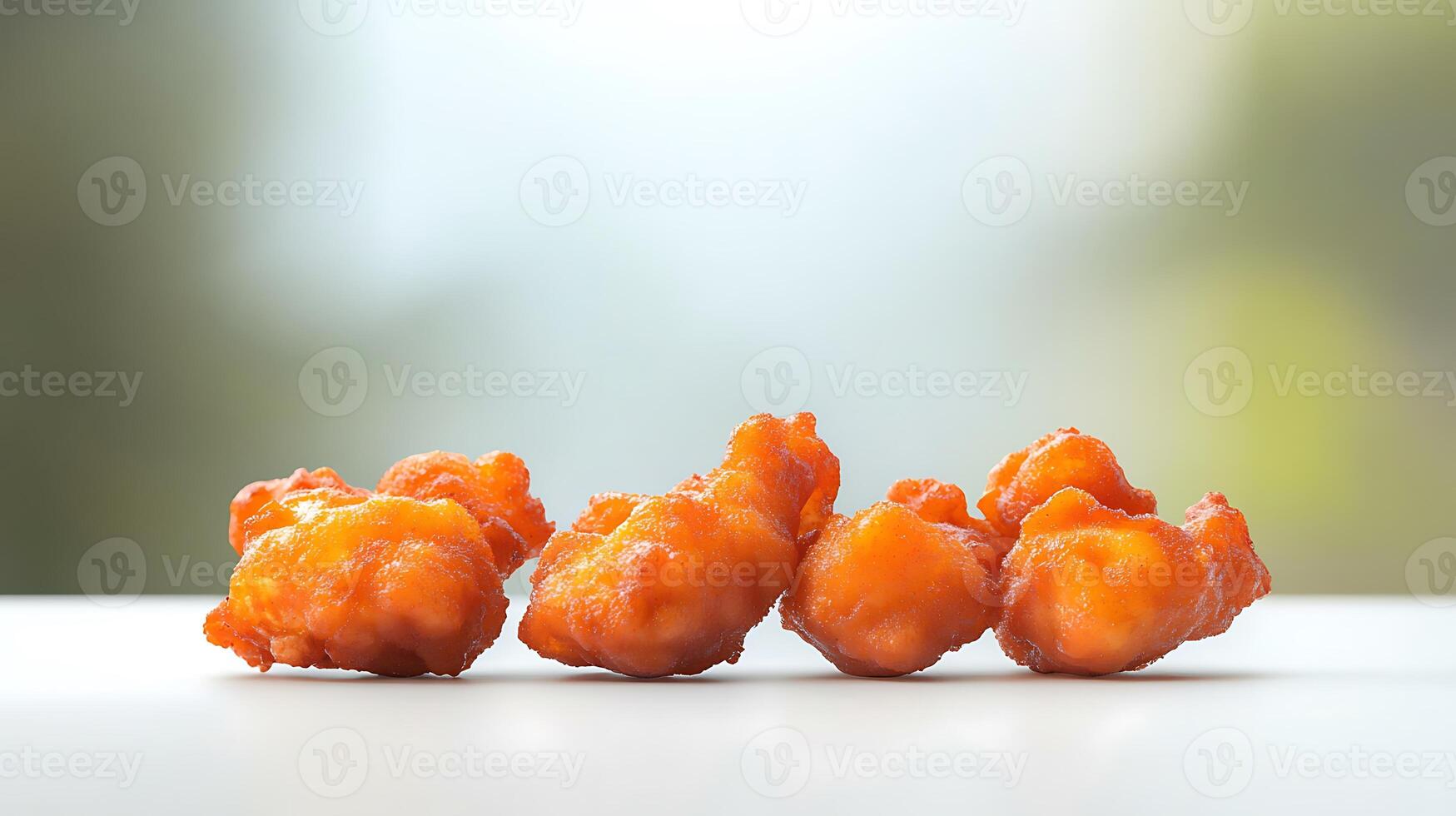 Close-up of crispy orange chicken pieces arranged on a white surface with a blurred background photo