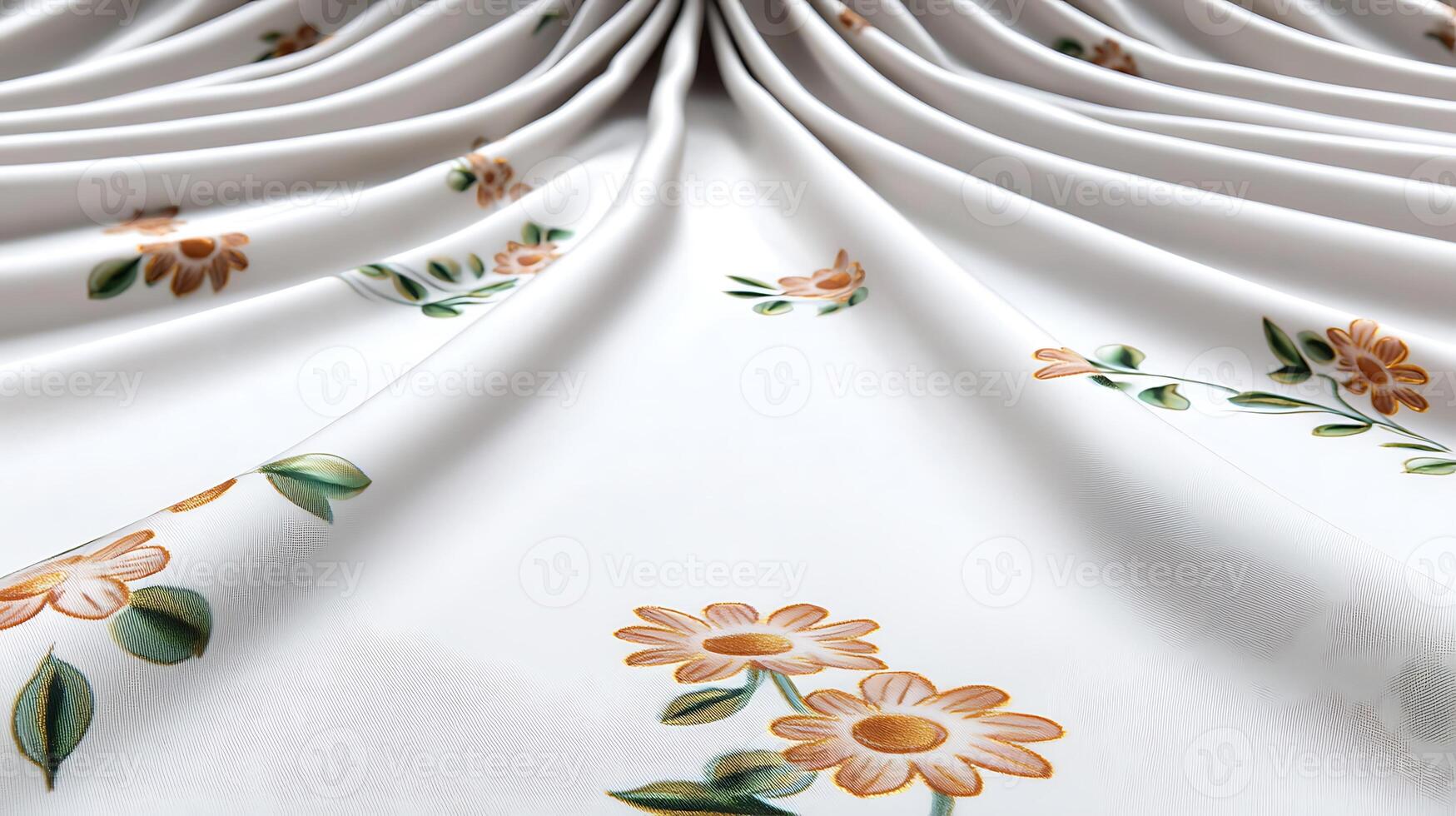 Close-up of elegant floral-patterned fabric draping softly, showcasing intricate designs and textures photo