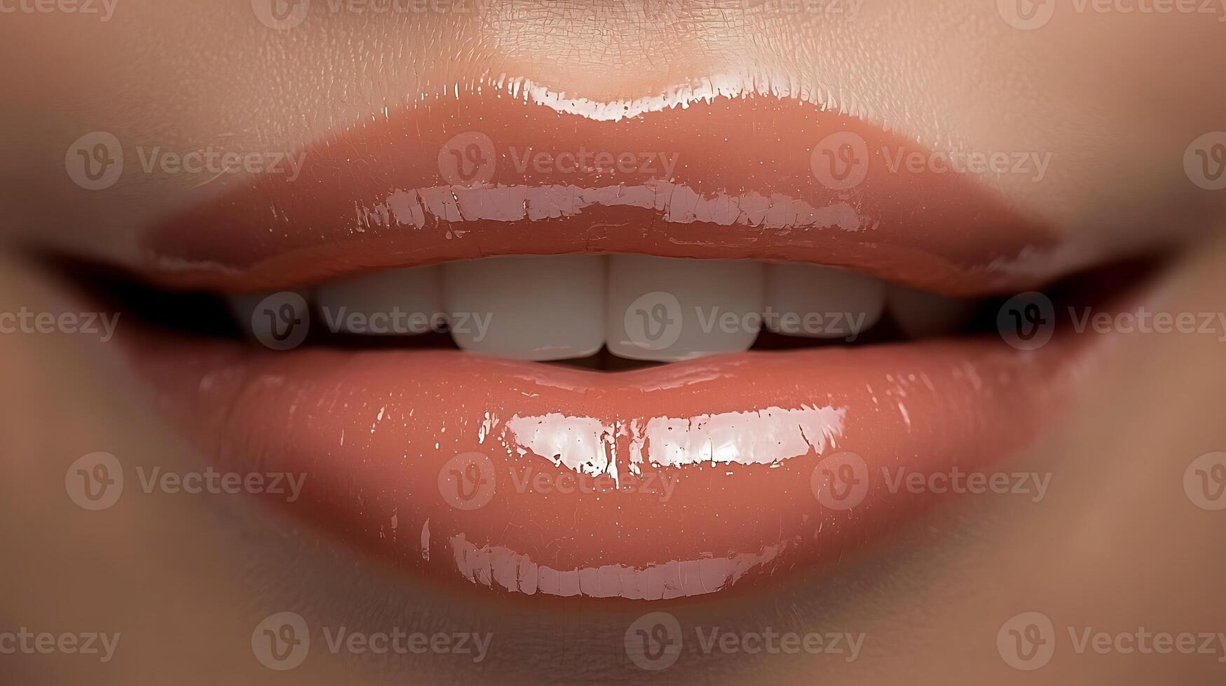Close-up of glossy lips showcasing a natural smile against a soft blurred background photo