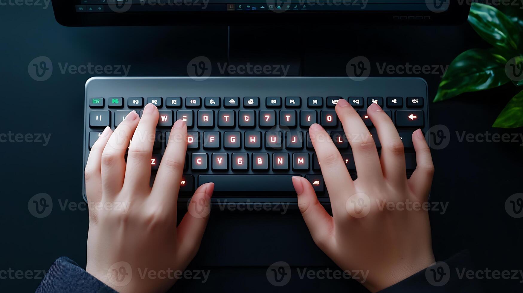 Close-up of hands typing on a sleek keyboard in a dimly lit workspace with greenery photo