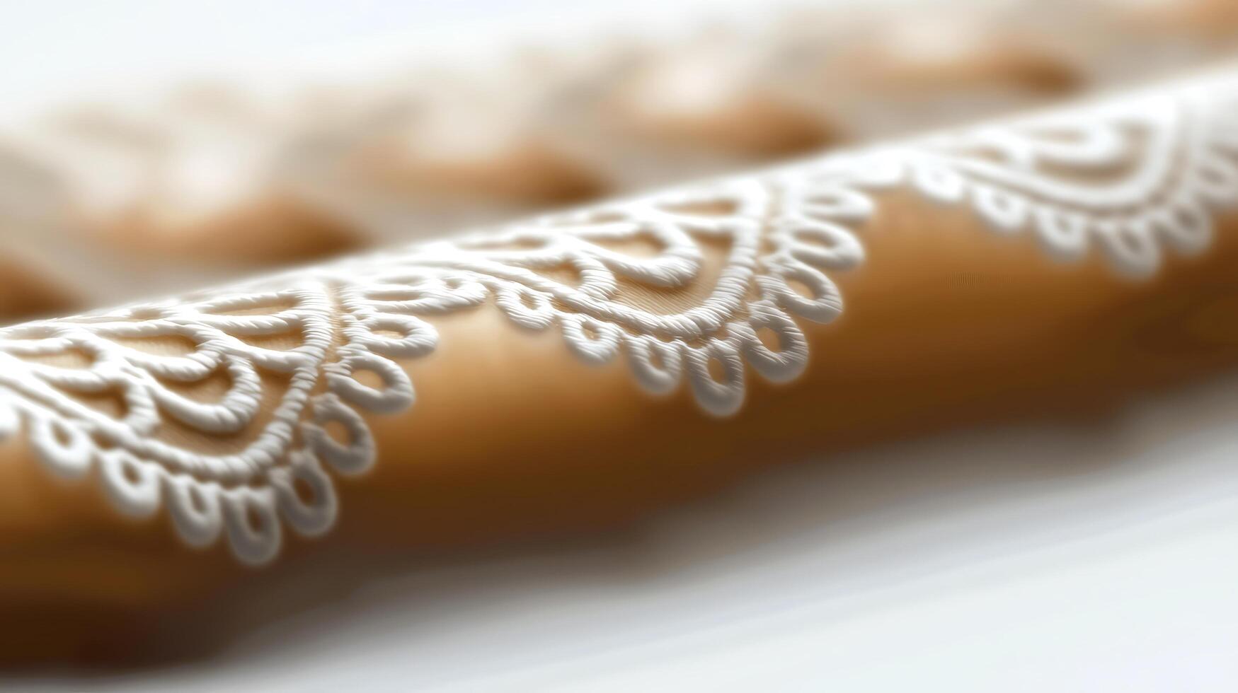 Close-up of intricately designed lace on a decorative fabric, showcasing craftsmanship and elegance photo