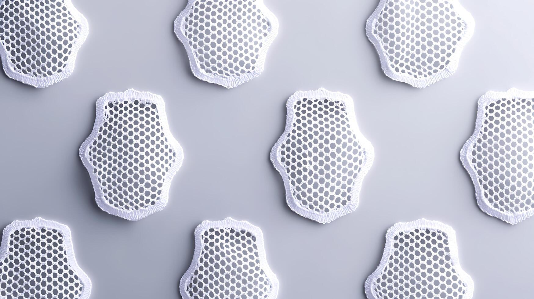 Close-up of intricate white lace patterns arranged symmetrically on a light background photo