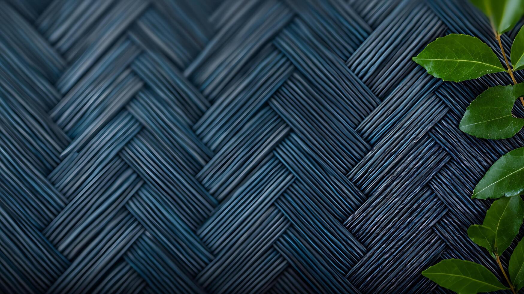 Close-up of intricate woven texture with dark blue hues and green leaves accentuating the design photo
