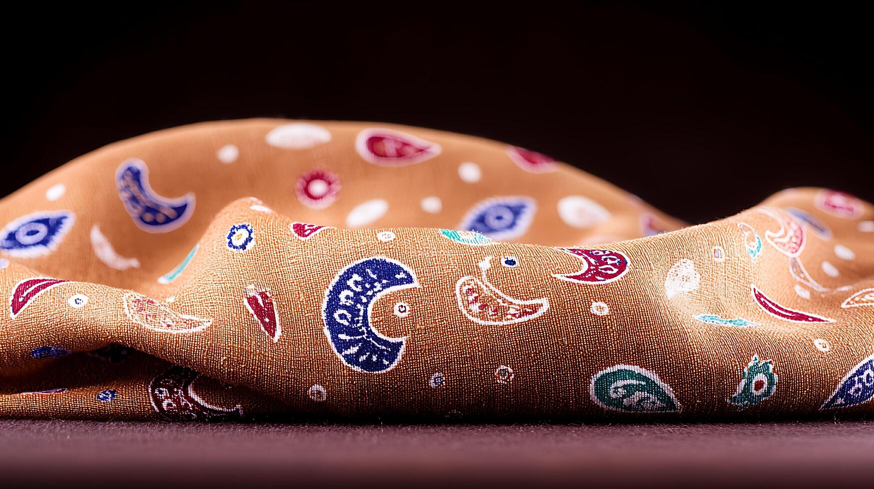 Close-up of intricately patterned fabric with colorful designs on a smooth surface photo