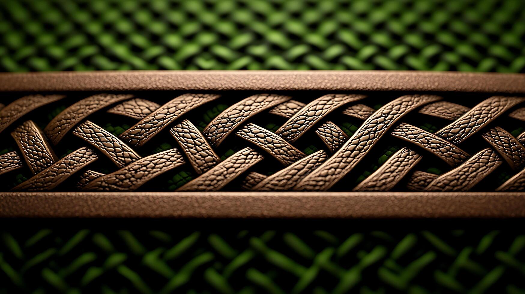 Close-up of intricately woven leather strap on textured green background, showcasing craftsmanship photo