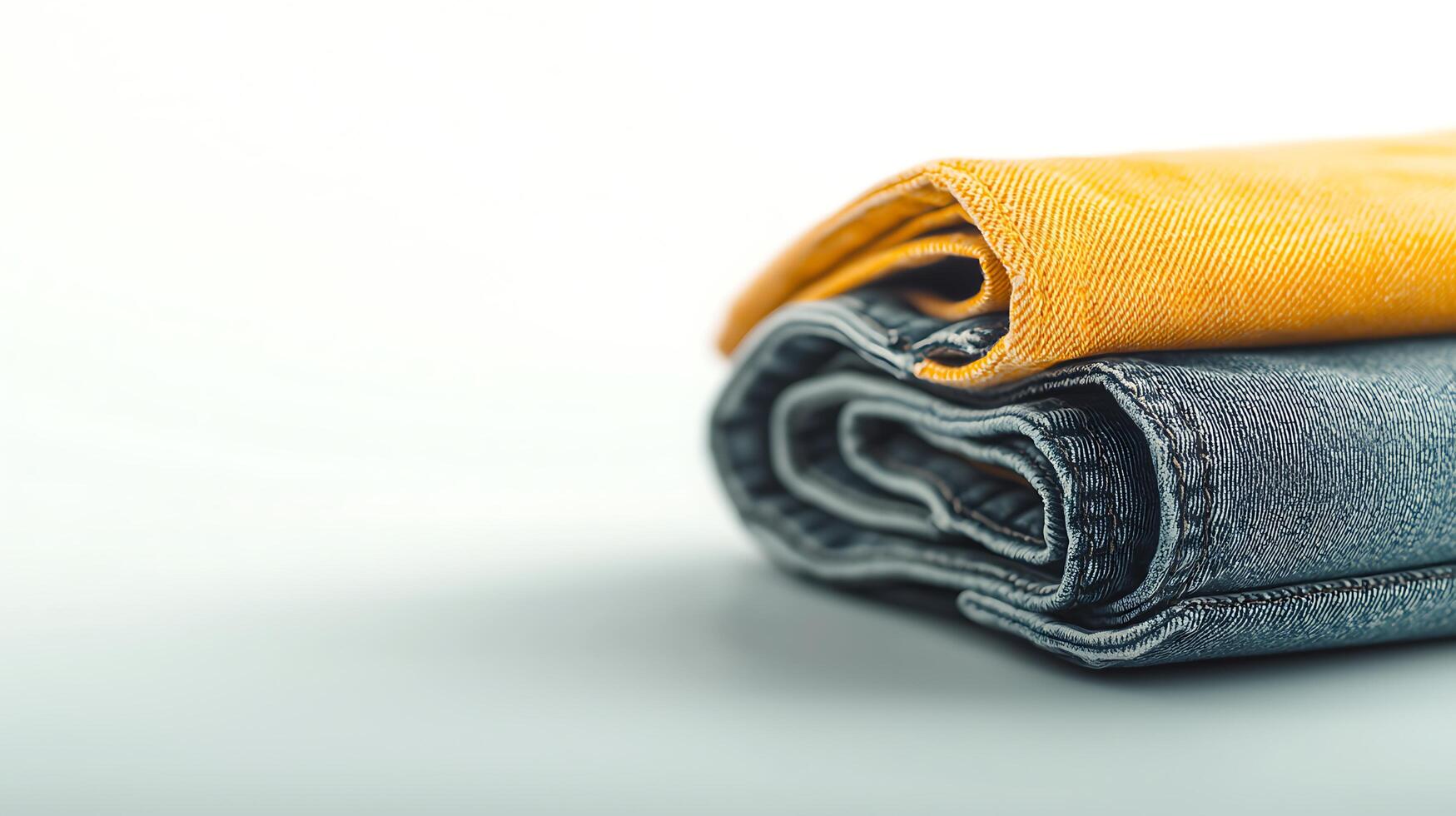 Close-up of neatly folded colorful fabric showcasing vibrant yellow and denim blue textures photo