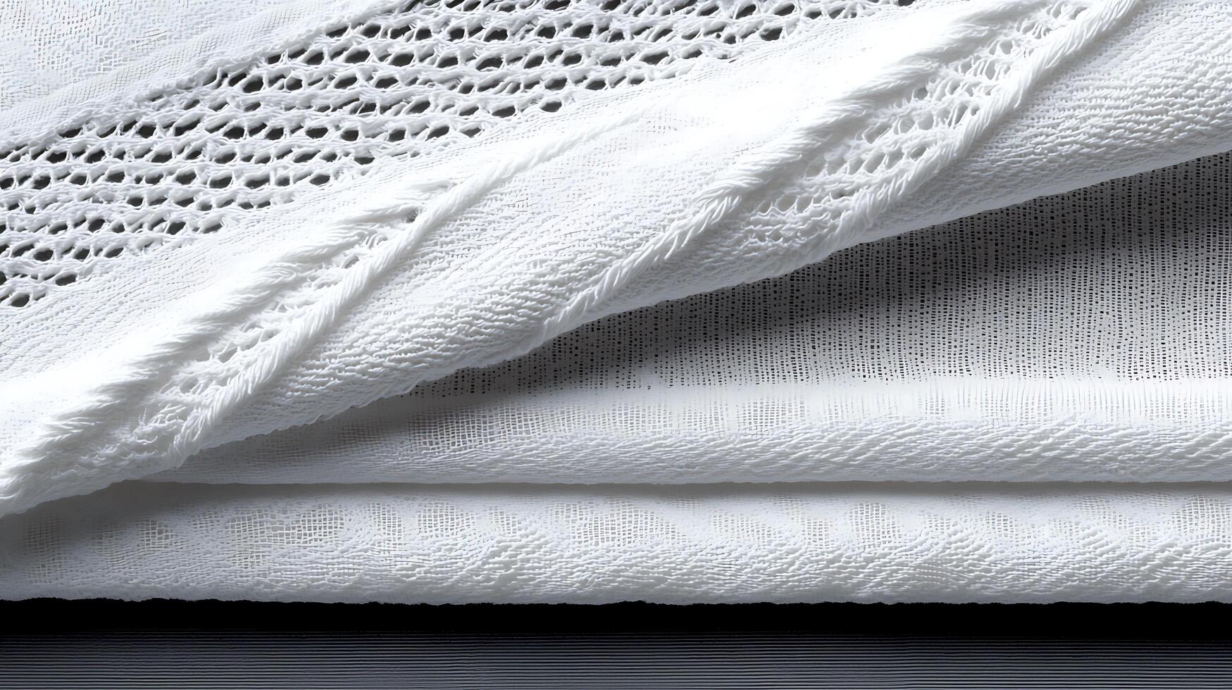 Close-up of layered white fabrics showcasing texture and pattern variations on a dark surface photo