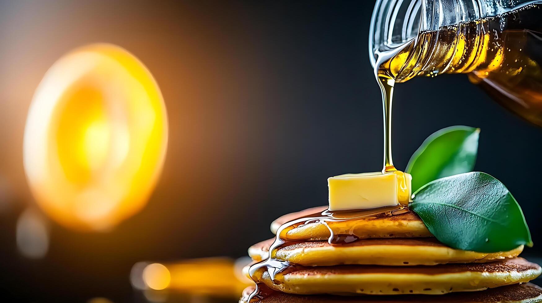 Close-up of pancakes stacked with butter and syrup, illuminated by warm light, evoking comfort photo