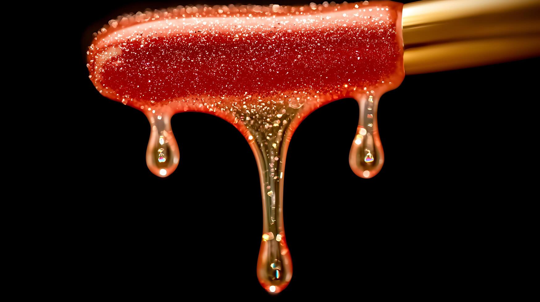 Close-up of shimmering red lip gloss dripping from a golden applicator against a black background photo