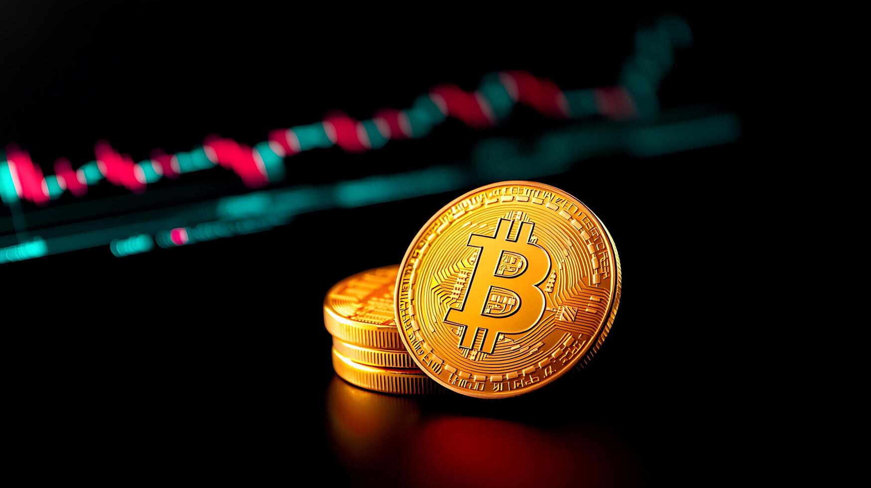 Close-up of shiny gold Bitcoin coins with a fluctuating financial graph in the background photo