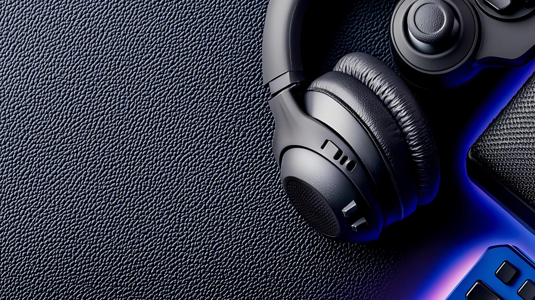 Close-up of sleek gaming headset and controller on textured surface with ambient lighting photo
