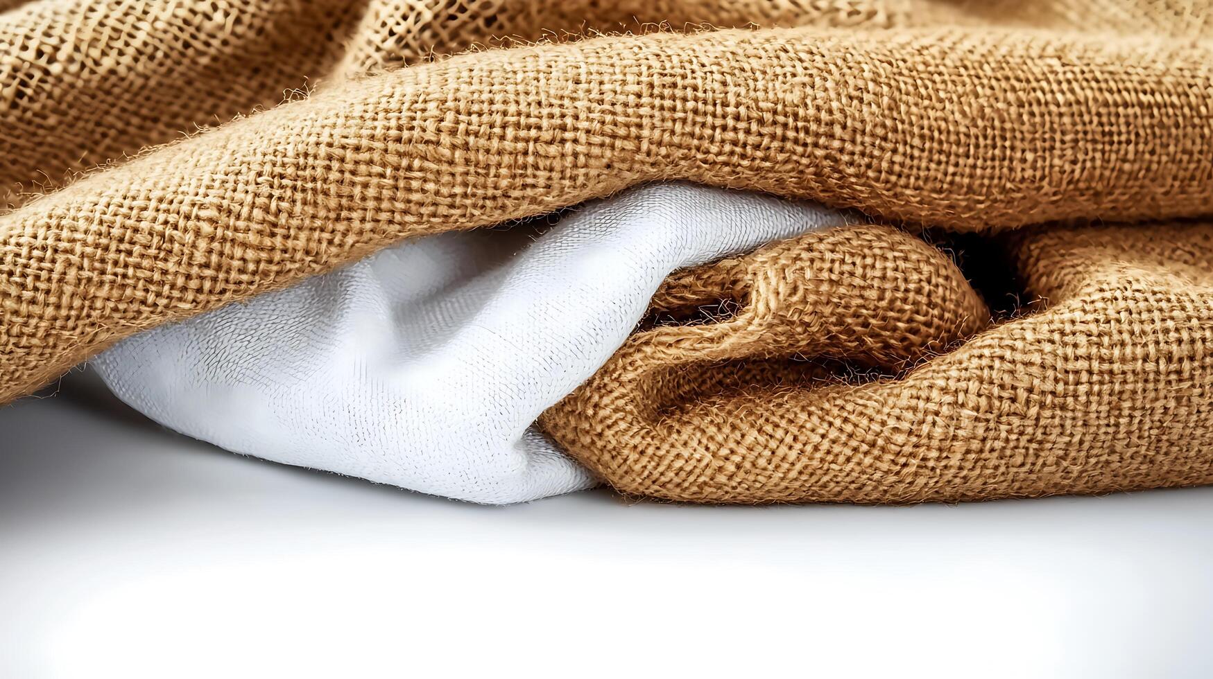 Close-up of textured burlap and white fabric layered together, creating a cozy, rustic aesthetic photo