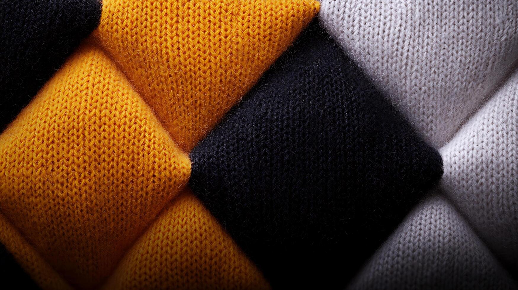 Close-up of textured knitted fabric in yellow, black, and white, showcasing intricate patterns photo