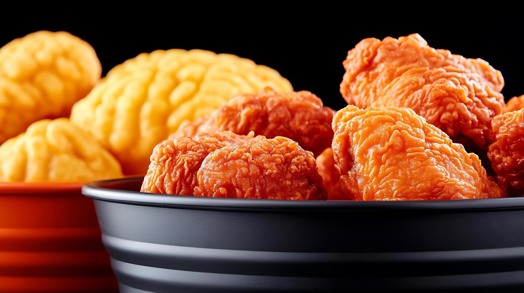 Close-up of textured orange chicken wings and yellow brain-like food in contrasting bowls photo