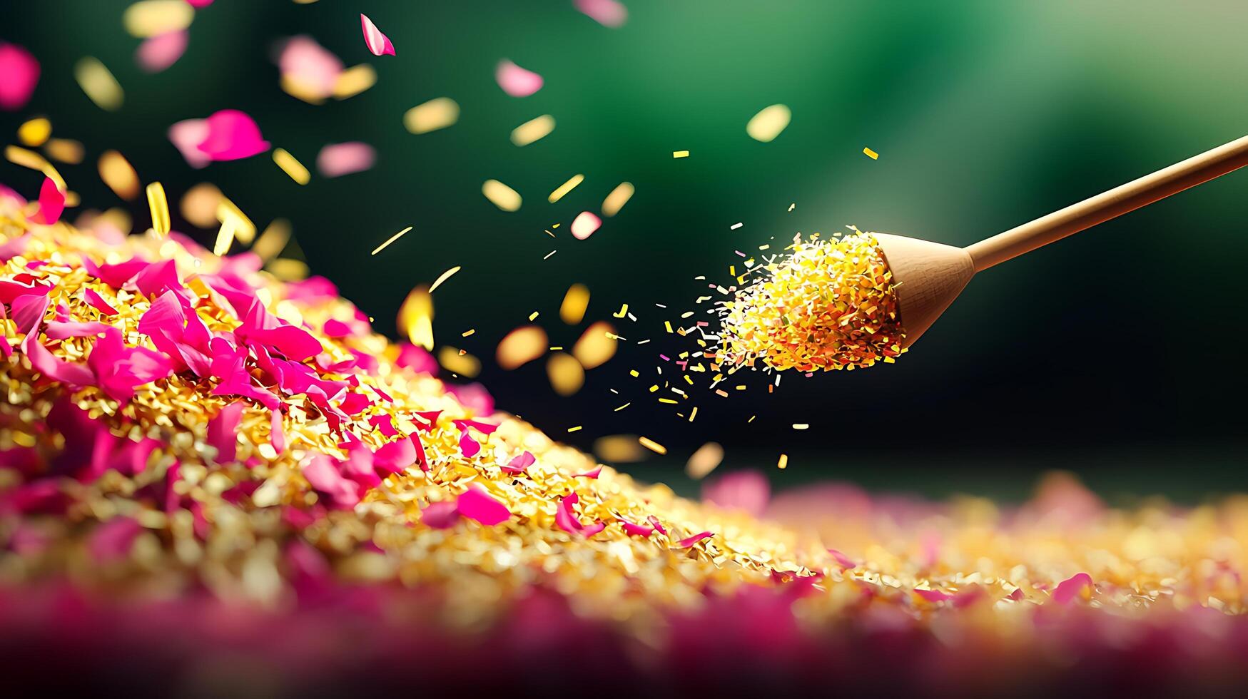 Close-up of vibrant flower petals and golden particles being sprinkled, creating a festive atmosphere photo