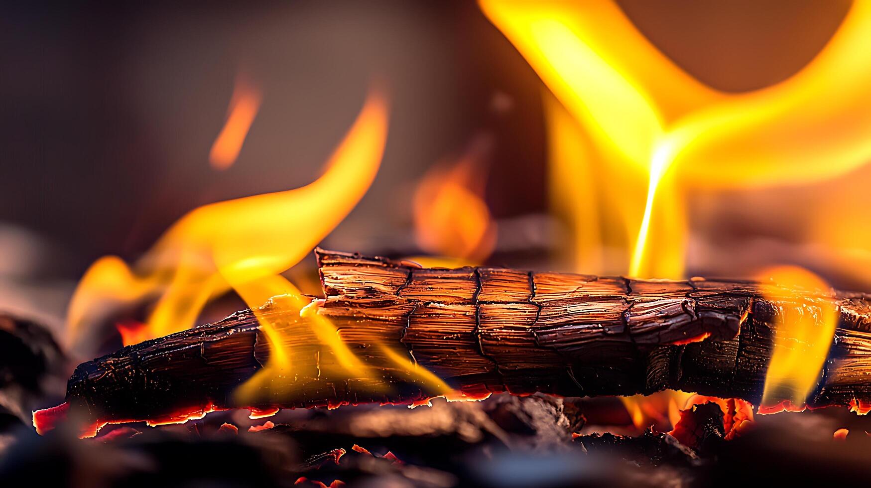 Close-up of vibrant flames dancing around a burning log, creating a warm atmosphere photo