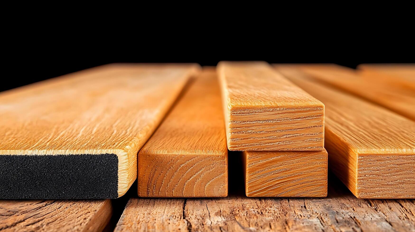 Close-up of various wooden planks arranged on a rustic surface with a dark background photo