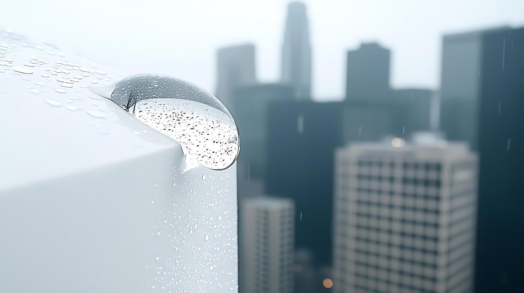 Close-up of water droplet on a white surface with a blurred city skyline in the background photo