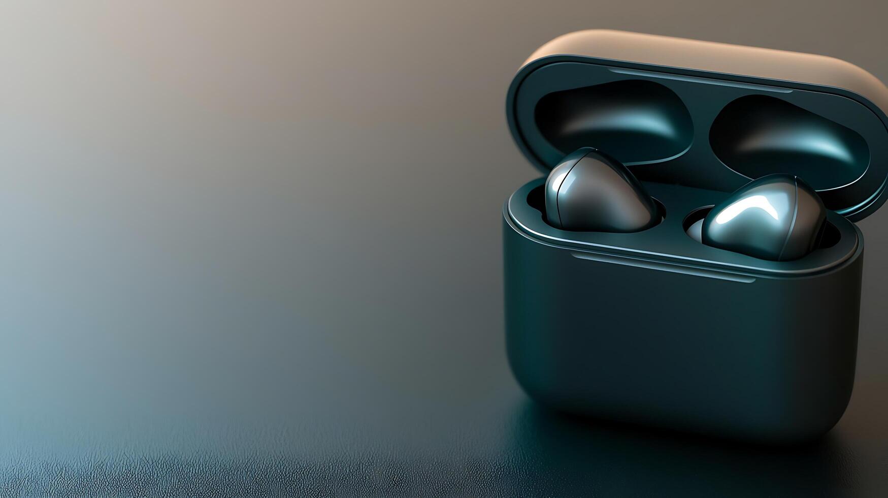 Close-up of wireless earbuds in a sleek charging case on a smooth surface, with soft lighting photo