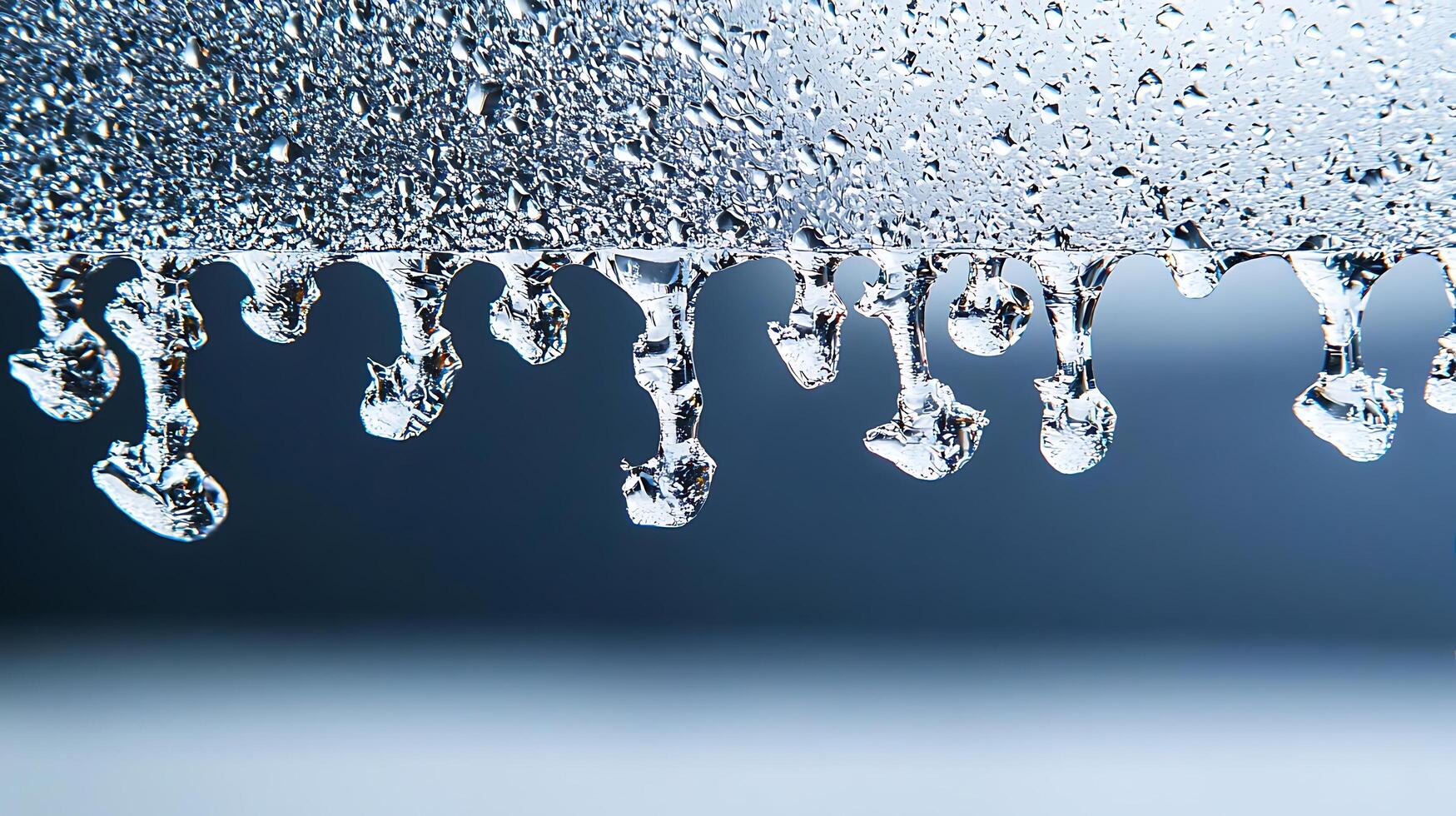 Close-up of water droplets forming and dripping from a metallic surface with a blurred background photo