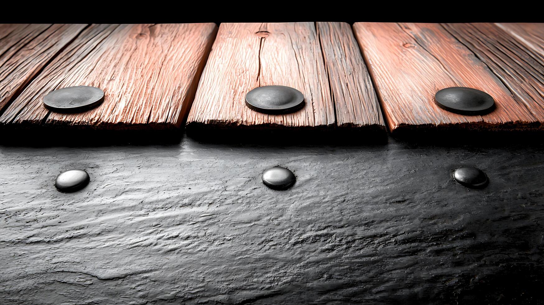 Close-up of wooden planks with smooth black stones on a dark surface, creating a serene atmosphere photo