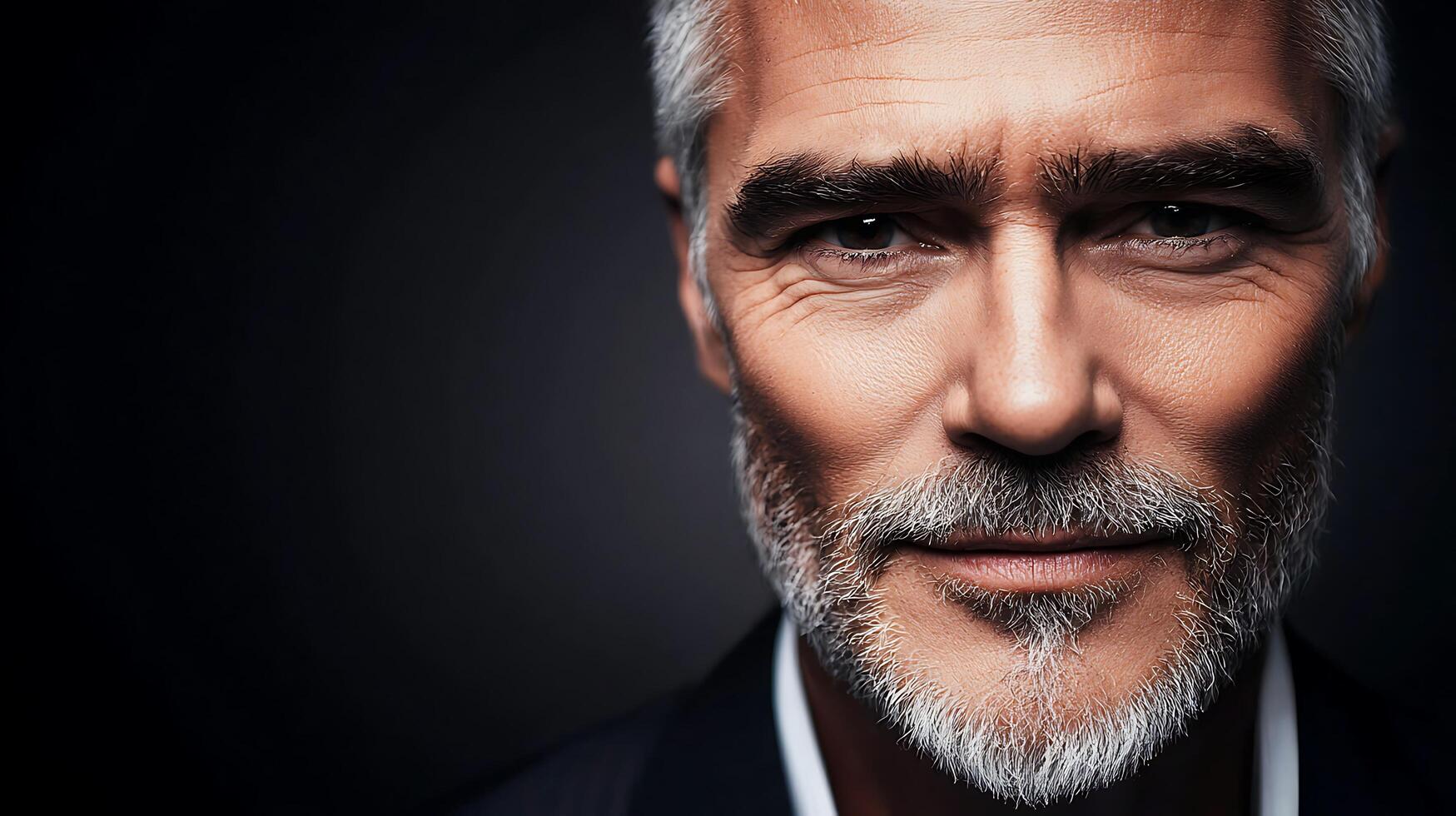 Close-up portrait of a mature man with a confident expression against a dark background photo