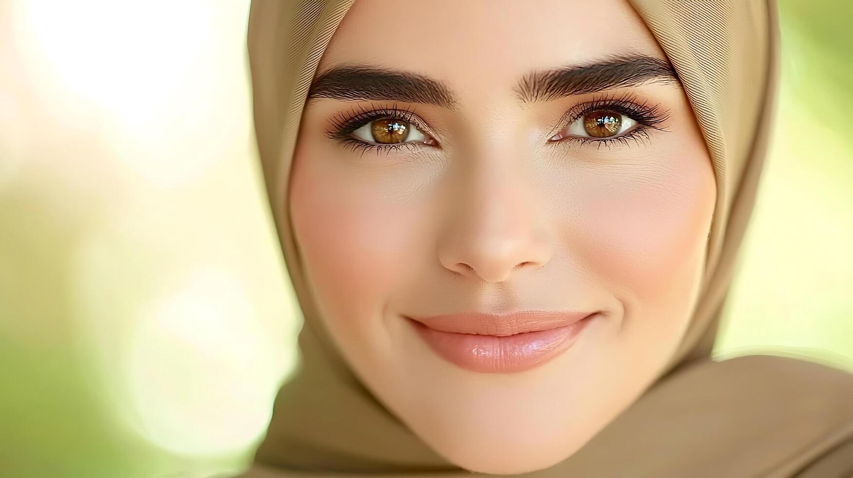 Close-up portrait of a woman in a hijab smiling softly against a blurred green background photo