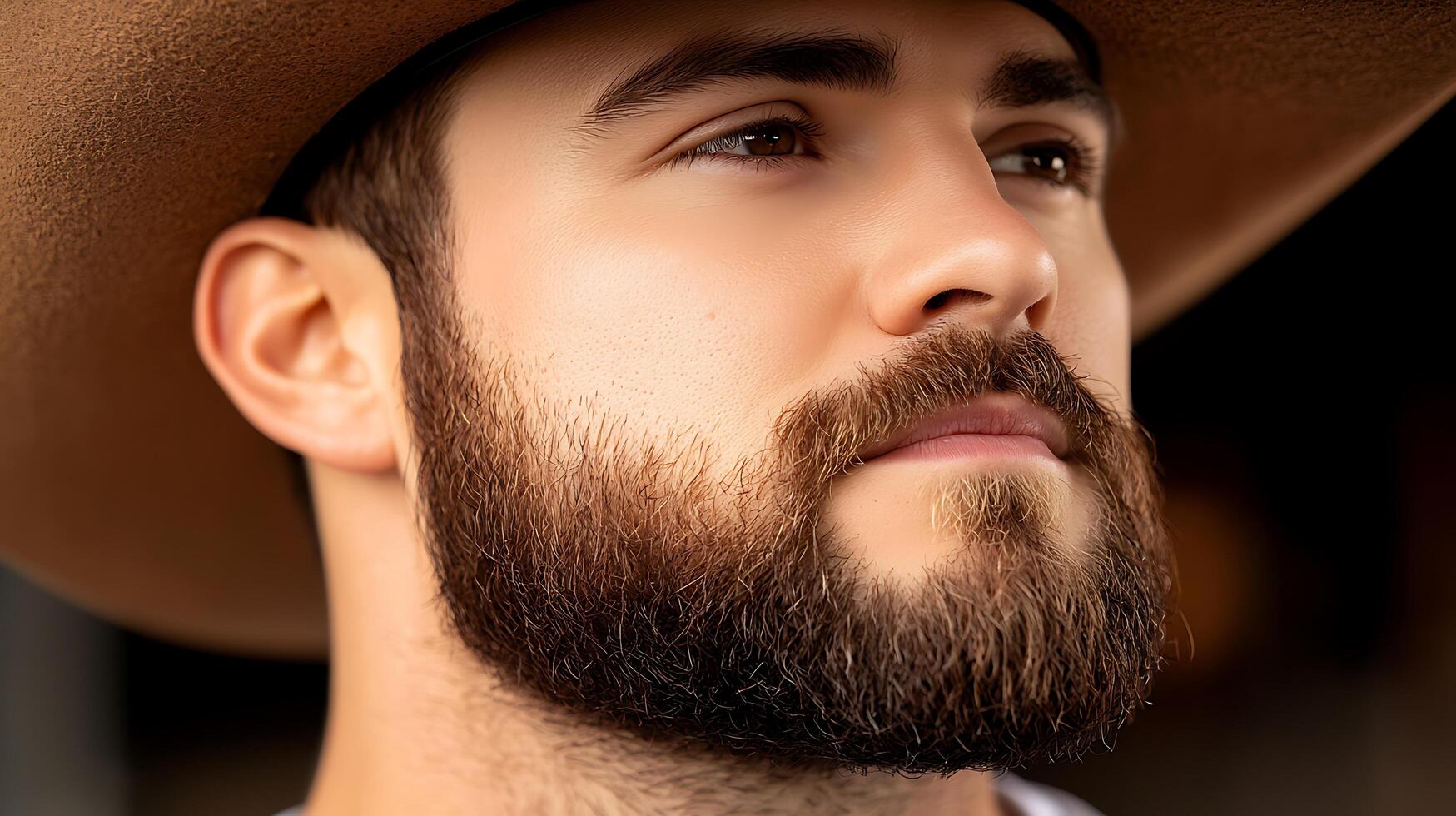 Close-up portrait of a man with a hat, showcasing his facial features and beard in a rustic setting photo
