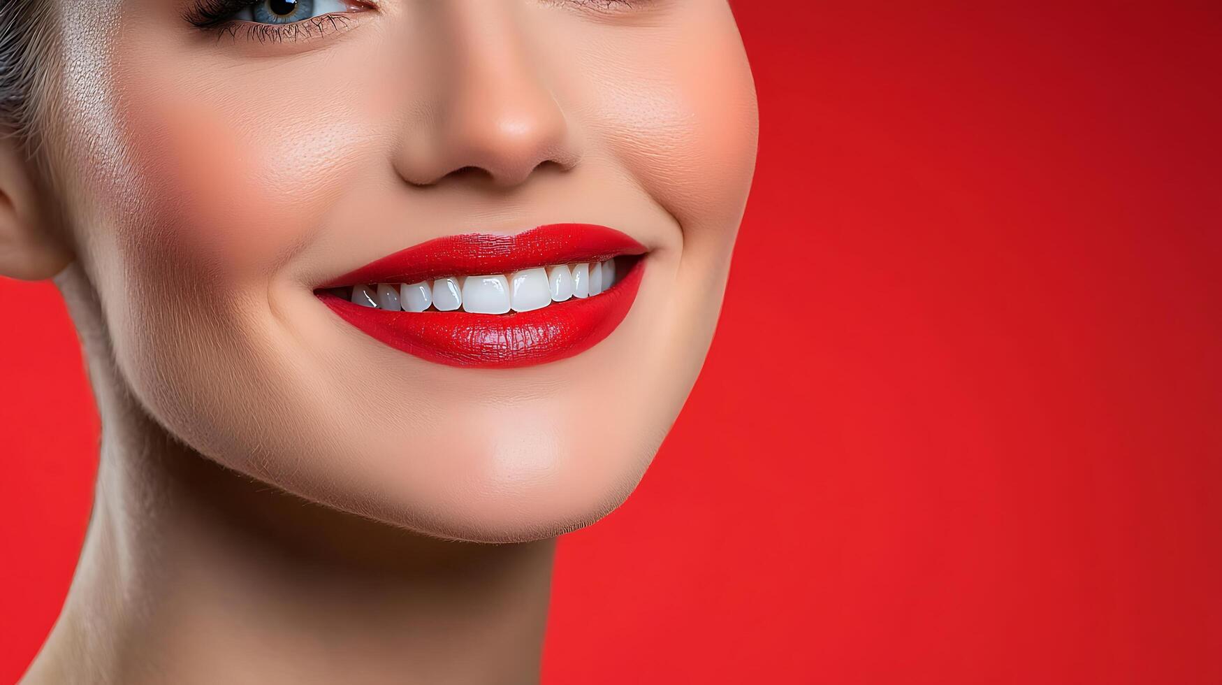 Close-up portrait of a smiling woman with red lipstick against a vibrant red background photo