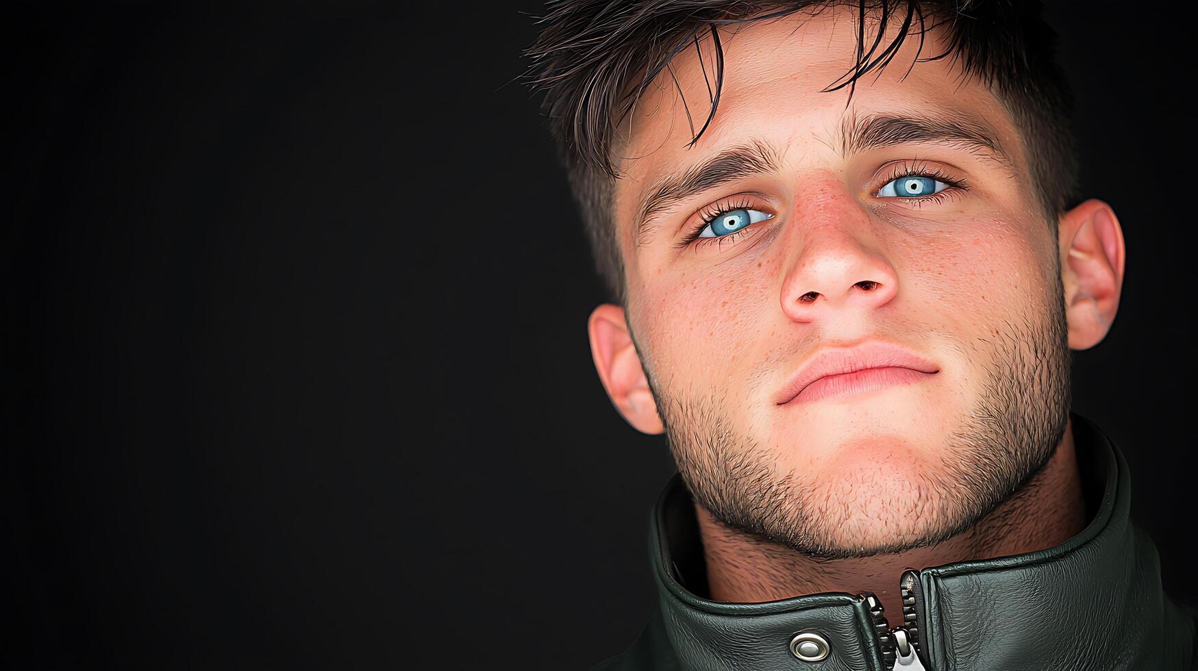Close-up portrait of a young man with striking blue eyes and a confident expression against a dark background photo