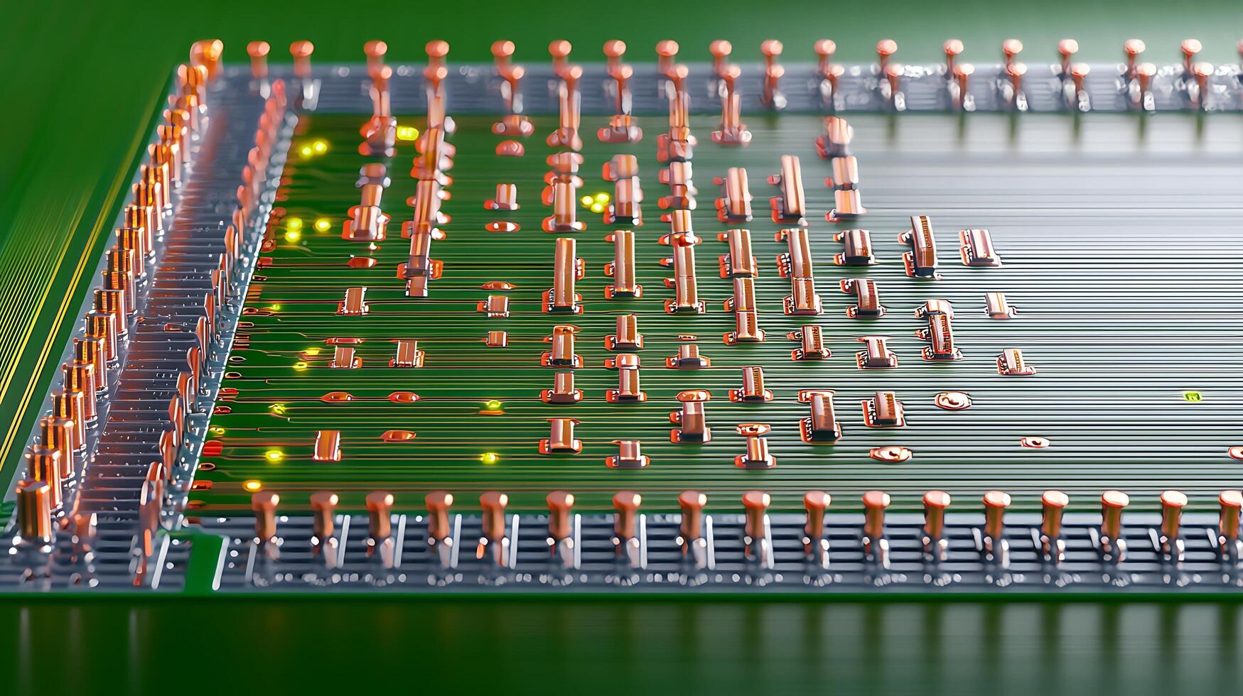 Close-up view of a circuit board with copper components and illuminated elements on a green background photo