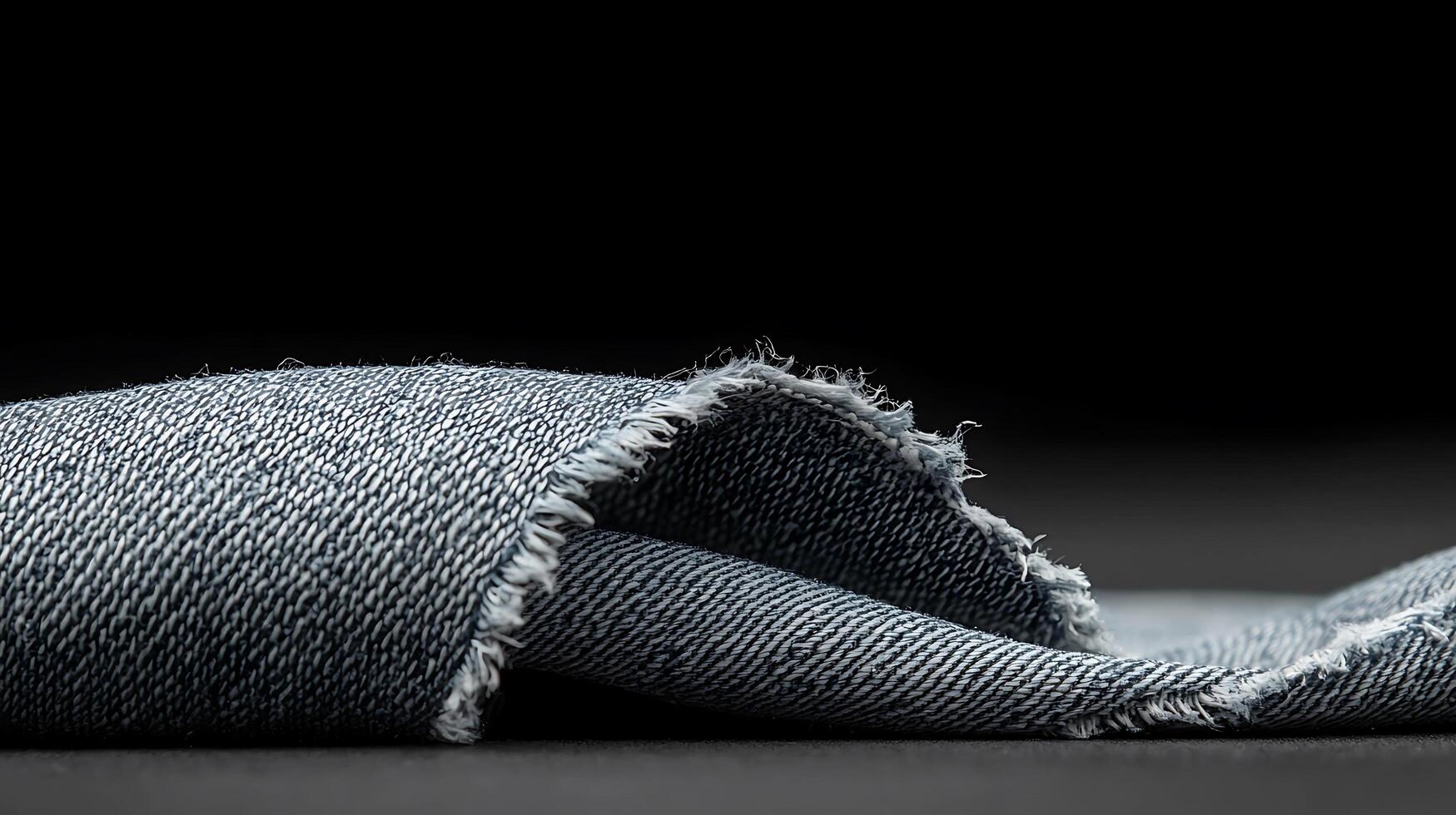 Close-up view of a folded denim fabric showcasing frayed edges against a dark background photo