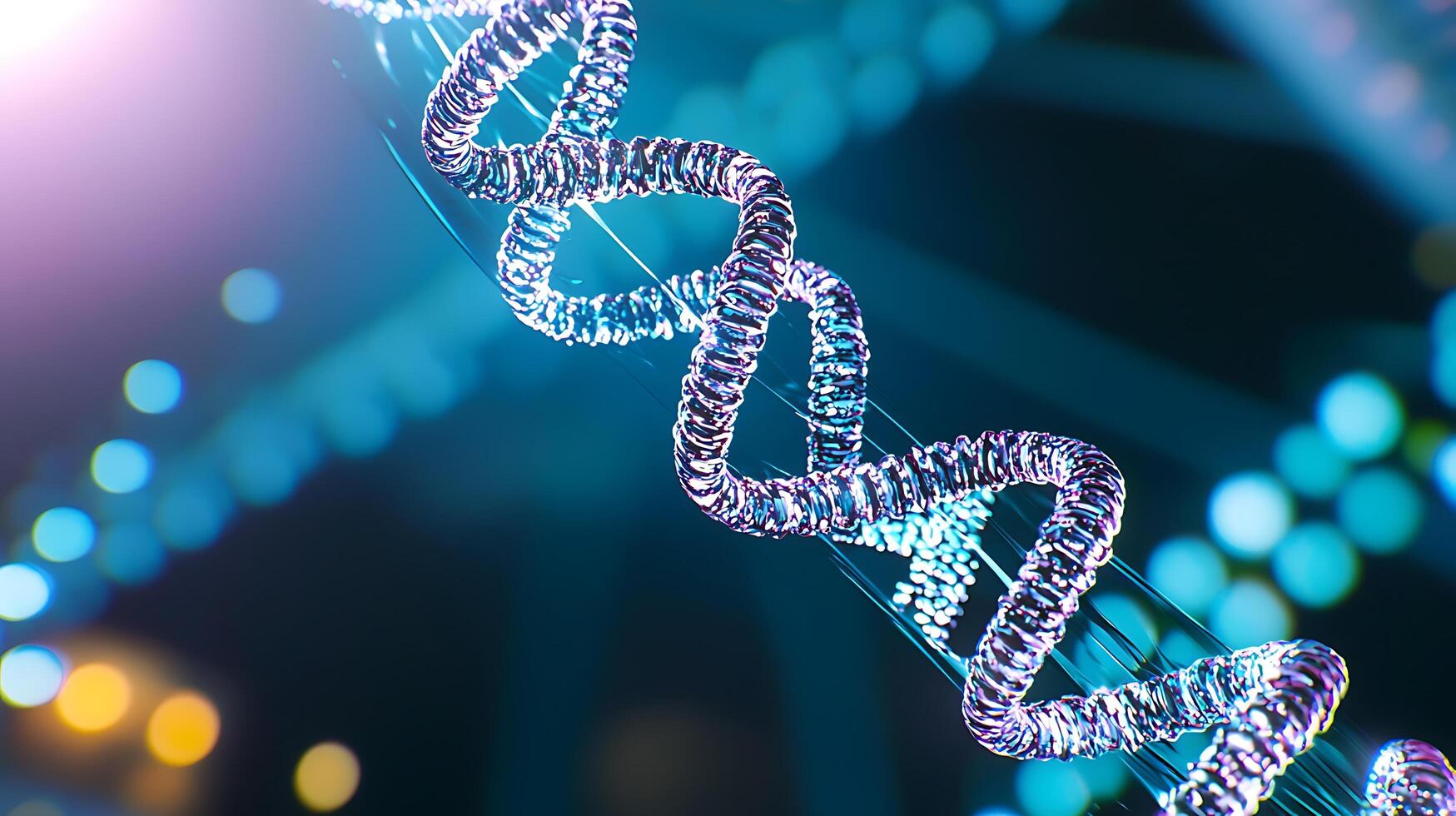 Close-up view of a DNA helix with vibrant colors and blurred lights in the background photo